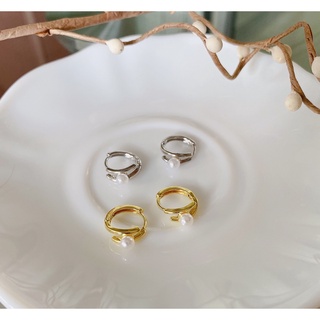 248-goodgift_station - Hoop pearl earrings S925 silver ต่างหูห่วงกลมแบบล็อค ด้านหน้าประดับมุก