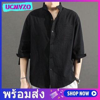 เสื้อเชิ้ต แขน 3/4 ผ้าฝ้าย และผ้าลินิน ทรงหลวม แฟชั่นฤดูร้อน สําหรับผู้ชาย ไซซ์ M-5XL