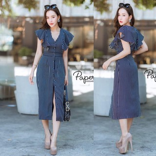 พร้อมส่ง-Paperdoll เดรสสีกรมลายทาง ด้านหน้าเป็นกระดุมเปิดได้ทุกเม็ด แขนเย็บแต่งระบายน่ารัก ผ้าดี