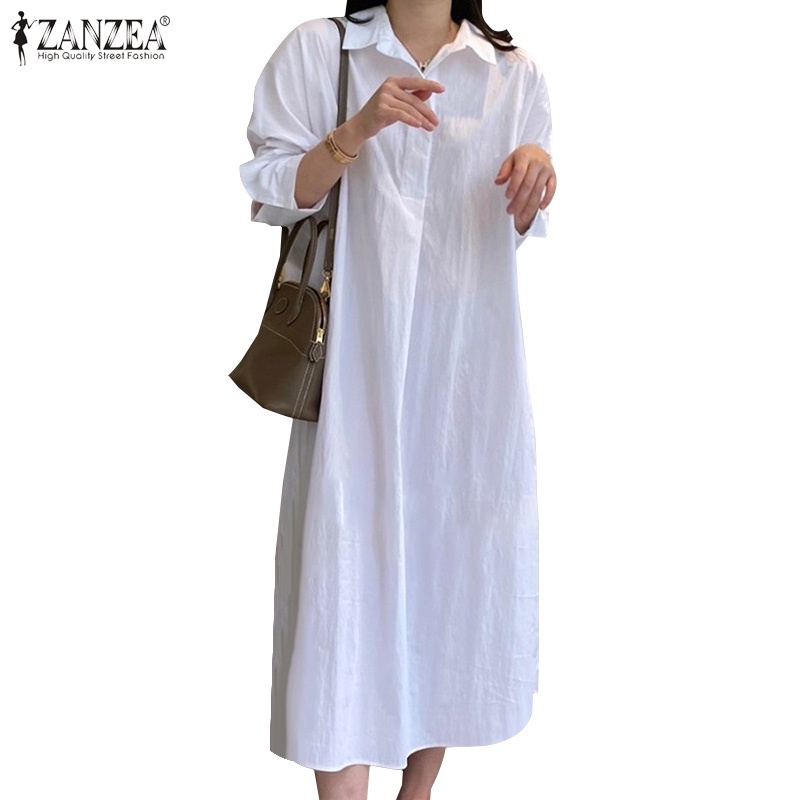 ZANZEA Women Korean Style Elegant Simple Solid Long Sleeve Button Down Dress #4