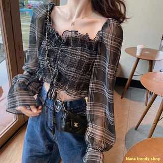 พร้อมส่ง 🍄เสื้อเชิ้ตแขนสั้นลูกไม้ฝรั่งเศสผู้หญิงบางครีมกันแดดเสื้อคอเหลี่ยมแขนยาวผ้าชีฟอง