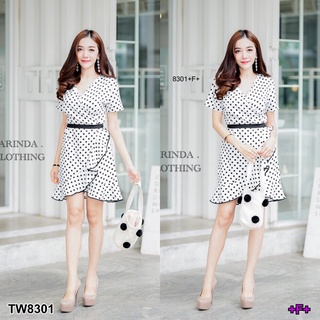 👗Pfashion [ส่งไว!!🚛] P8301  	เดรสสั้นลายจุดแต่งระบายย้วยผูกเอว   Short dress with polka dots with ruffle detai