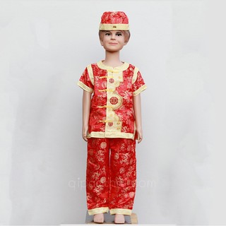 8005 ชุดตรุษจีนเด็กผู้ชาย สีแดง ลายมังกร เสื้อแขนสั้น กางเกงขายาว พร้อมหมวก