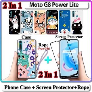 2 IN 1 เคส Moto G8 Power Lite พร้อมกระจกนิรภัยกันรอยหน้าจอโค้ง เซรามิค ลายแมวและโดราเอมอน