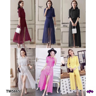 J5665 Set เสื้อตัวยาวผ่าหน้า + กางเกงขาสั้นลายจุด