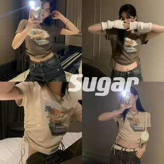 Sugar🌈พร้อมส่ง🌈เสื้อครอปไหมพรม แขนสั้นคอกลม รูดข้าง ผ้านิ่มลายเท่ๆ(52161)