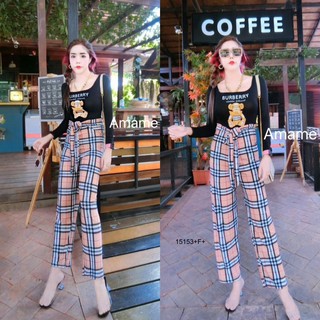 👗Pfashion [ส่งไว!!🚛] P15153 Set 2 ชิ้น เสื้อแขนยาวคอเหลี่ยม BBR + กางเกงลายตารางขายาว Set of 2 pieces, BBR squ