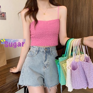 Sugar 🌈พร้อมส่ง🌈เกาะอก สายเดี่ยว เสื้อครอป ลายเรียบยืดได้เยอะมาก(32081)