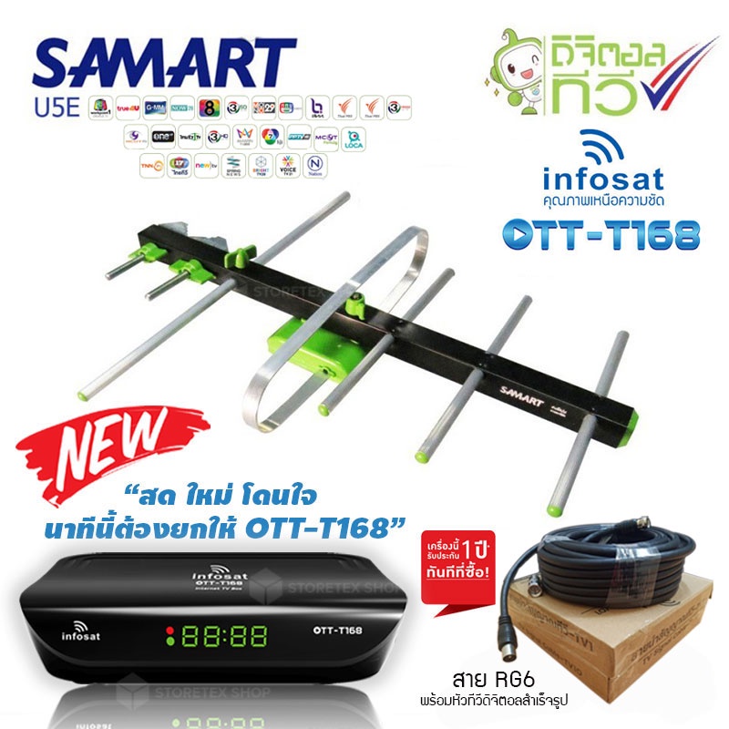 กล่องดิจิตอลทีวี Infosat รุ่น OTT-T168+SAMART รุ่น U5E เสาอากาศ Digital TV ภายนอกอาคาร +สาย RG6 เข้า