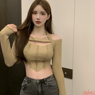 TOPQ-Women’s Casual Long Sleeve Korea Style Fashion Solid Color Boat Neck Halter Exposed Navel Tops