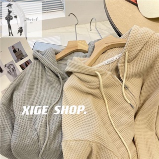 □เสื้อสเวตเตอร์วาฟเฟิลผู้หญิงอเนกประสงค์ Oversize ซิปคาร์ดิแกน Outerwear