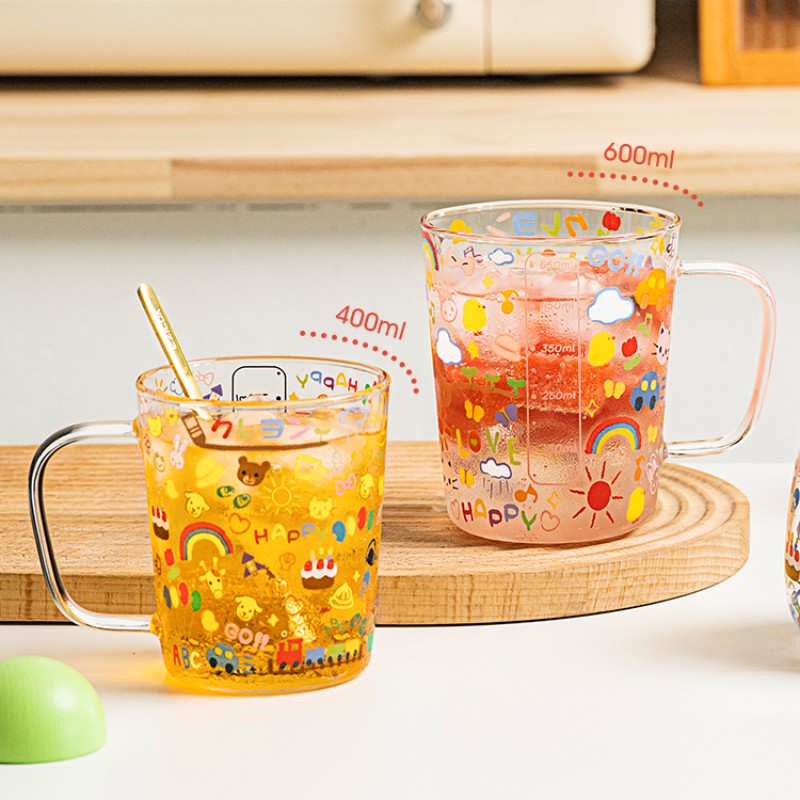 ถ้วยแก้ว ถ้วยอาหารเช้า ถ้วยนม แก้ว ถ้วยข้าวโอ๊ต ถ้วยคู่ Crayon Weather Series ผ้า Borosilicate สูง ถ้วยน้ําแก้วทนความร้อน
