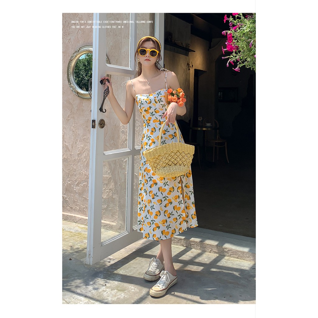 🍋 เดรสยาว เดรสสายเดี่ยว สไตล์เกาหลีผ่าหน้า ดรสสายเดี่ยวลายมะนาว - รูปที่ 7