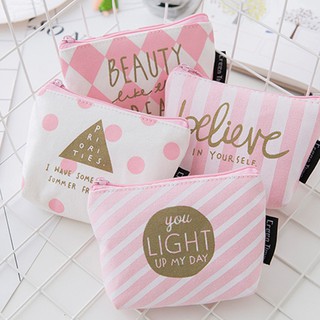 [พร้อมส่ง ของถึงไทยเเล้ว] กระเป๋าสตางค์ผ้าใบ ขนาดเล็ก มีซิป สีชมพูน่ารัก