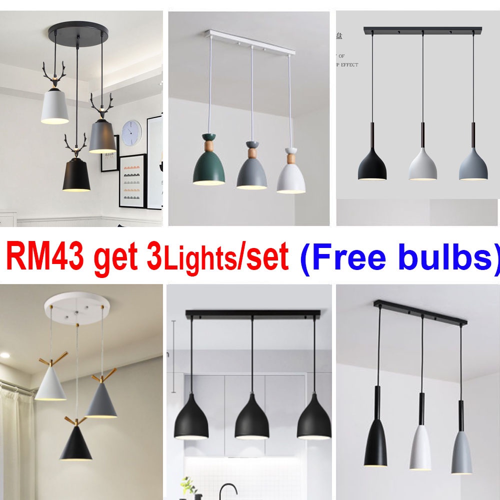 [ ฟรี 3 หลอด ] โคมไฟแขวนโคมไฟ E27 หลอดไฟ lampu gantung ชุดเพดาน 3 ดวงพร ้ อมฐานยาวและกลม