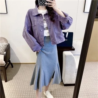 เสื้อแจ็คเก็ตยีนผู้หญิงสีม่วง สไตล์เกาหลี พร้อมส่ง