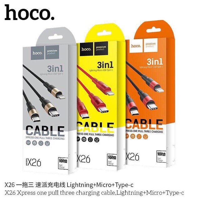 แท้100% HOCO X26 สายชาร์จ3in1 Xpress Data Cable 2A มี 3 หัว IPhone/ Samsung/Type C