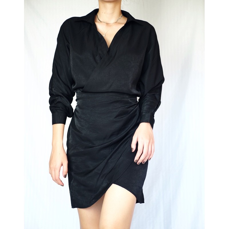 DSS02 เดรสเชิ้ตผ้า Silk ญี่ปุ่นสีดำ