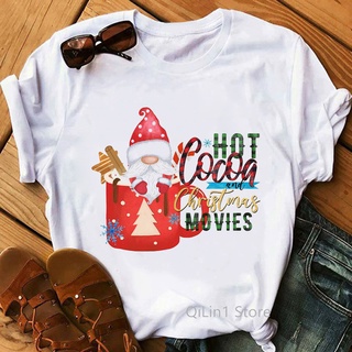 Hot Cocoa And Christmas Movie Tshirt Women Cartoon Gnome Printed Graphic Xmas Tee Shirt Femme Festival T-shirt New Year