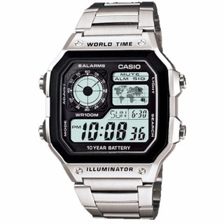 CASIO Standard นาฬิกาข้อมือผู้ชาย สีเงิน/ดำ สายสแตนเลส รุ่น AE-1200WHD-1AVDF