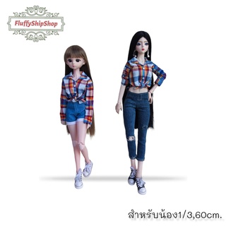 เสื้อเชิ๊ตผูกเอวเกร๋ๆ  เสื้อเชิ๊ตลายสก๊อต  : สำหรับน้อง 1/3, 50-60cm. งานผ้าDIY ชุดตุ๊กตาแฮนด์เมด #พร้อมส่งของอยู่ไทย