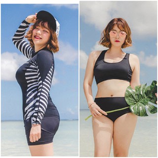 ( XL-5XL)ชุดว่ายน้ำไซต์ใหญ่ SeaBeach Black white แฟชั่นเกาหลี แขนยาว  #  8869