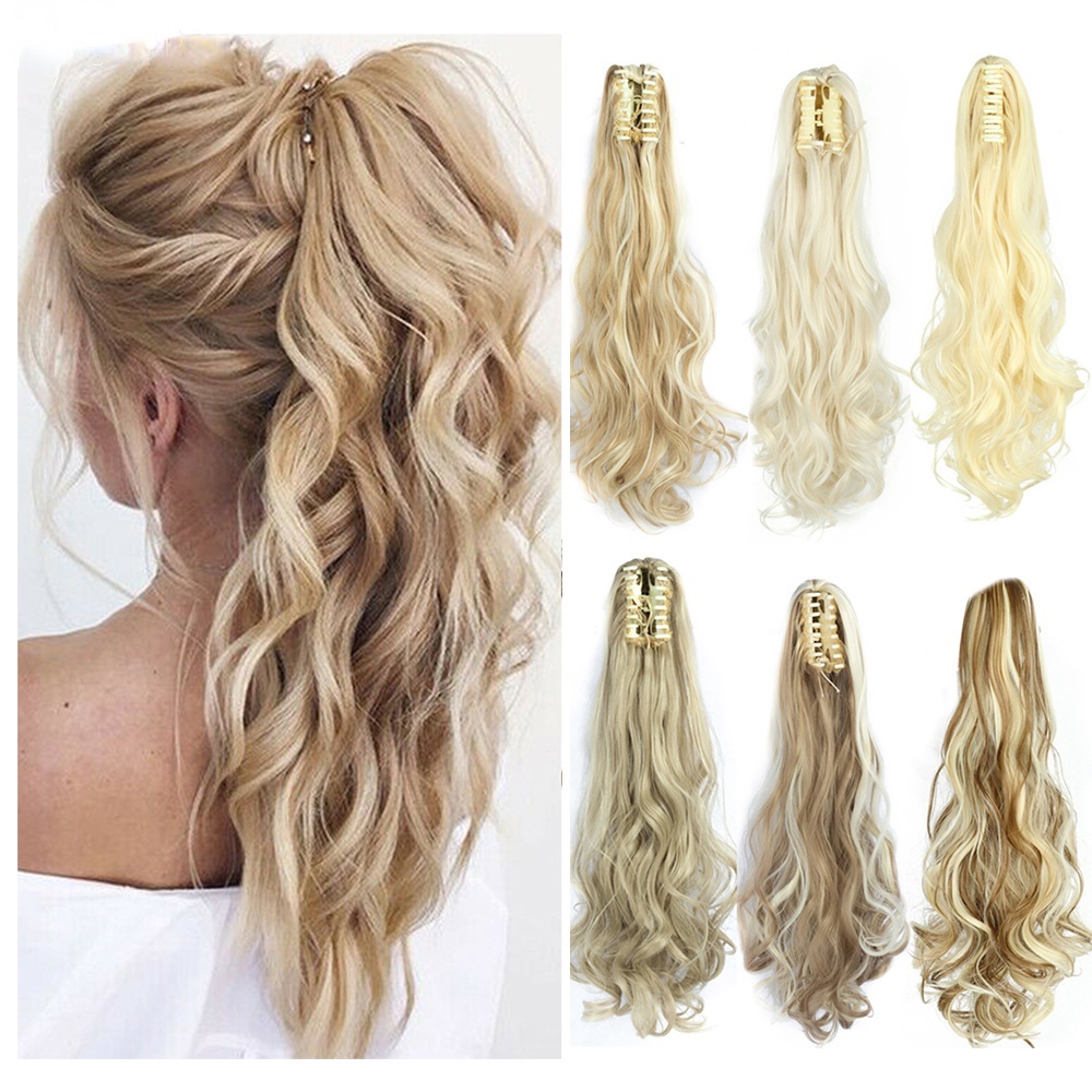 กิ๊บติดผมหางม้าสังเคราะห์ แบบยาว สีดํา สีบลอนด์ สีน้ําตาล สีเทา สําหรับผู้หญิง