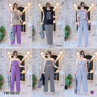 J16039 Set 3 ชิ้น #สาวอวบ เกาะอก + กางเกงขายาว ลายตาราง + เสื้อยืดแขนกว้างBandeau + long pants + wide sleeves T-shirt