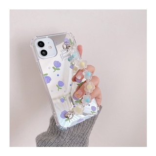 เคสโทรศัพท์มือถือ แบบกระจก ลายดอกไม้ พร้อมสายโซ่คล้อง สําหรับ Iphone 12 11Pro Max X XS XR 7 8plus