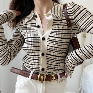 Vintage Women's Long-sleeved Sweater POLO Collar Knitted Contrasting Striped Knitted Cardigan