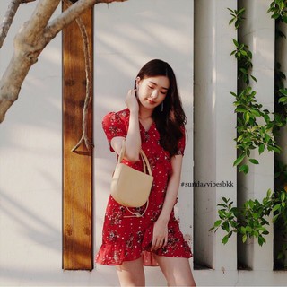 Cherry Kiss Dress เดรสลายดอก สีแดง sundayvibes.bkk