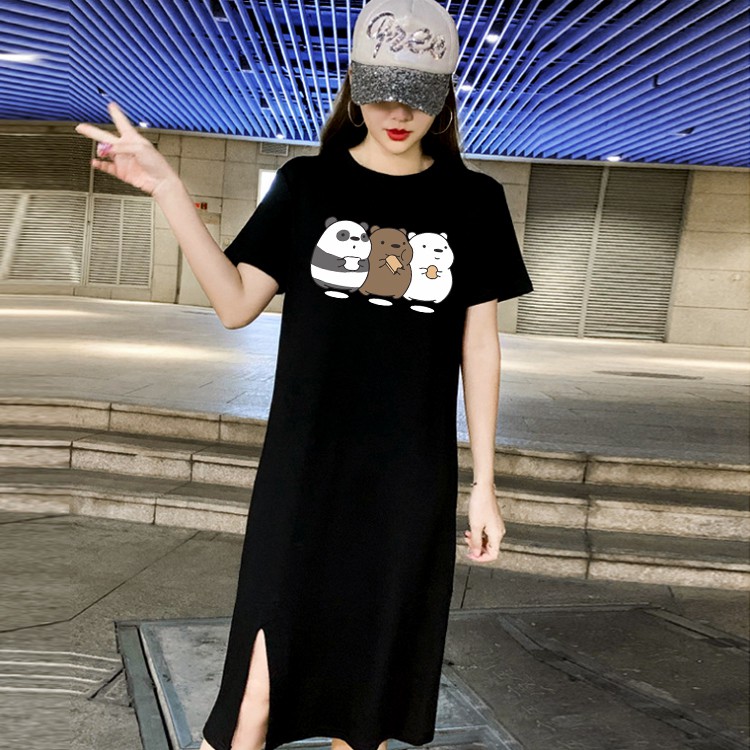 Q149เดรสยาวเสื้อยืดแฟชั่นผู้หญิงสไตล์เกาหลี คอกลมแขนสั้น เนื้อผ้ายืดหยุ่นดี กระโปรงเสื้อยืดทรงสวย แนวหวานสดวัยรุ่นน่ารัก