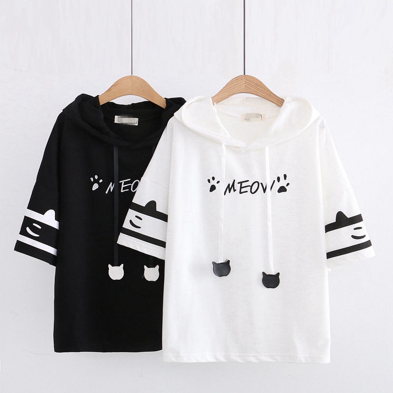 S-2XL ญี่ปุ่น Mori ฤดูร้อน Harajuku สไตล์ Cat Paw เย็บปักถักร้อย Hooded เสื้อยืดแขนสั้นนักเรียนสาวนุ่มน่ารัก Tops