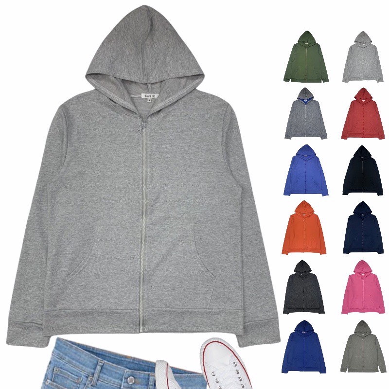 เสื้อฮู้ดกันหนาวมีซิปหน้า ชาย หญิง ผ้าคอตตอนสีพื้นไม่ขึ้นขน 15 สี รอบอกเสื้อ 40-42 นิ้ว Full-Zip Long Sleeve Hoodie