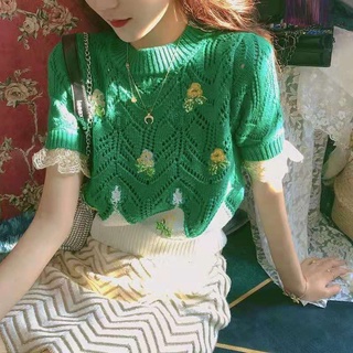 เสื้อกันหนาว ผ้าถัก แขนสั้น ปักลายลูกไม้ ดอกไม้ สีเขียว แบบบาง แฮนด์เมด เหมาะกับฤดูใบไม้ผลิ และฤดูร้อน สําหรับผู้หญิง