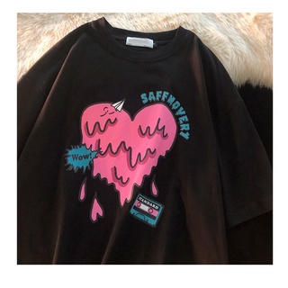 ฤดูร้อน ใหม่ เสื้อยืดแขนสั้นพิมพ์ลายหัวใจ สีดำ