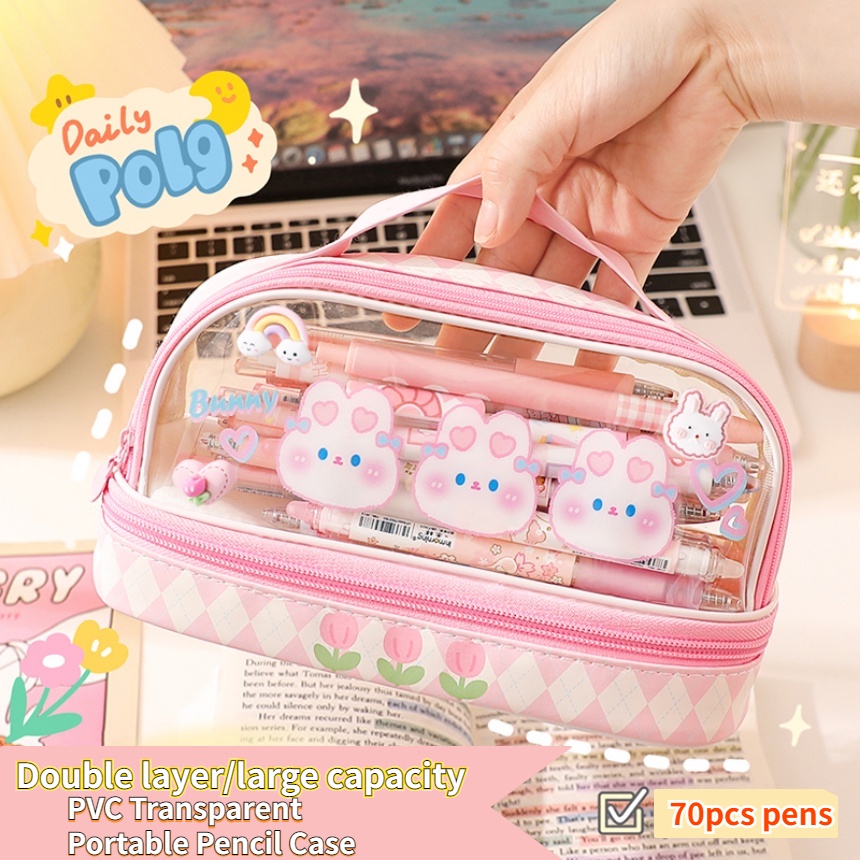 Pencil Cases 29 บาท กระเป๋าดินสอ PVC ขนาดใหญ่ จุของได้เยอะ แต่งซิป มีหลายชั้น น่ารัก สําหรับใส่เครื่องเขียนนักเรียน Stationery