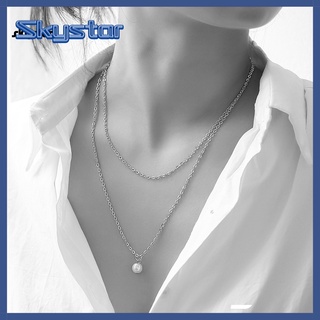 skystar Two Colors Chain Necklace Faux Pearl Double Layer Pendant Necklace No Deformance for Party