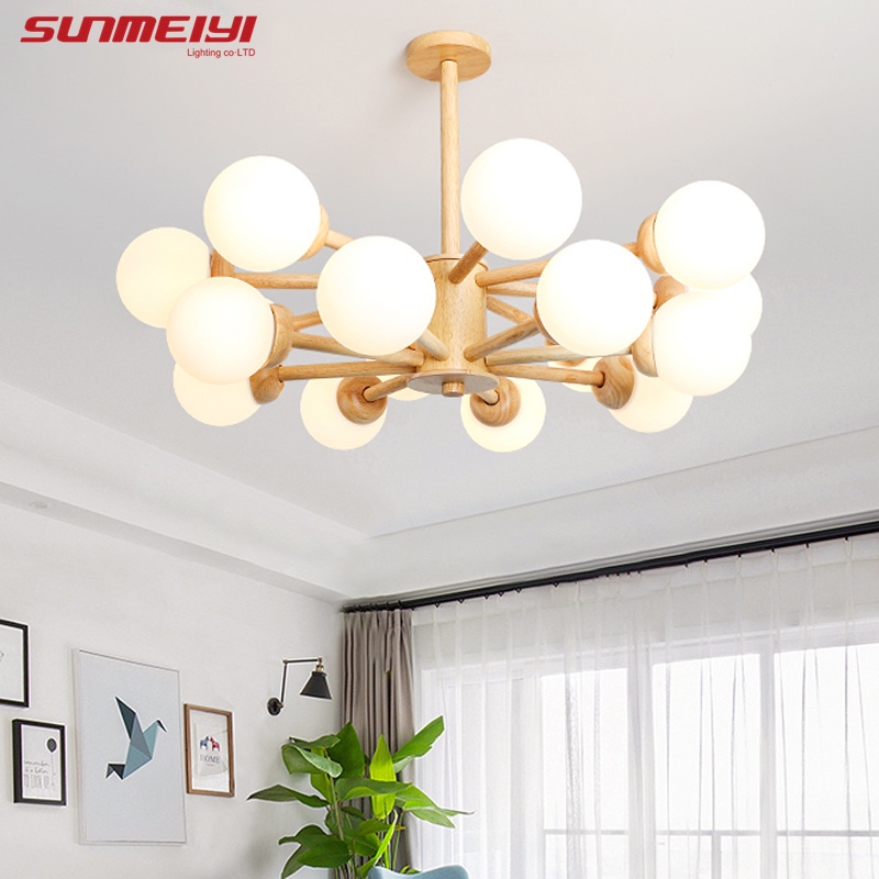 Sunmeiyi โคมไฟระย้า LED ไม้เนื้อแข็ง สไตล์โมเดิร์น สําหรับห้องนั่งเล่น