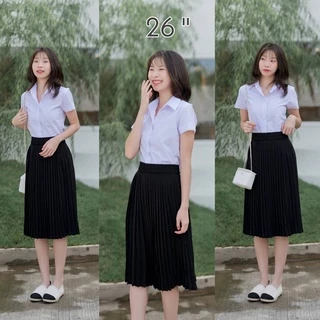กระโปรงพลีท นักศึกษา เอวฟรีไซต์-XL จีบเล็ก จีบใหญ่ จีบทวิว ผ้าหางกระรอกสีดำ