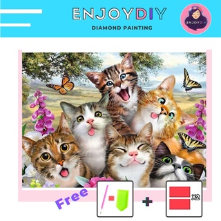 ครอสติสคริสตัล 5d diy diamond painting แบบเม็ด ลาย แมวทะเล้น ติดเต็ม เม็ดกลม EnjoyDIY พร้อมส่งจากไทย