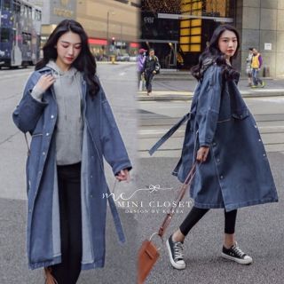 คลุมยีนส์ตัวยาว ทรงโอเวอร์ไซส์ ช่วงเอวมีเชือกผูกได้