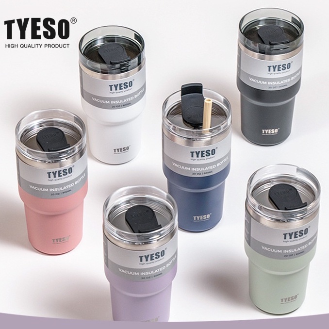 tyeso ใหม่ กระติกน้ำร้อนสแตนเลสแบบพกพา ความจุ20oz/30oz แก้วเก็บความร้อนสแตนเลส จุกยาง+หลอดซิลิโคน