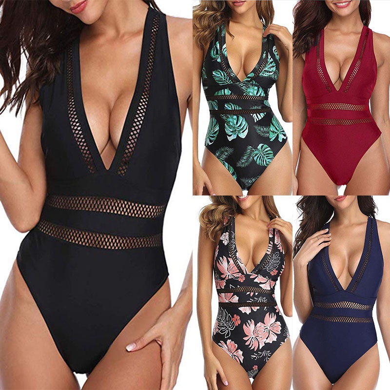 ชุดว่ายน้ำ2021 Swimsuit Women One Iece Monokini Hollow Out Mesh Dee V Neck Lunge Bathing Suit