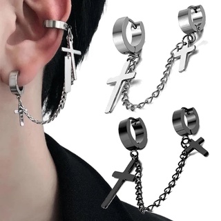 1 pc Cross Tassel Chain Pendant Earrings / Women Punk Ear Drop Clip / Ladies Round Hoop Stud Earrings