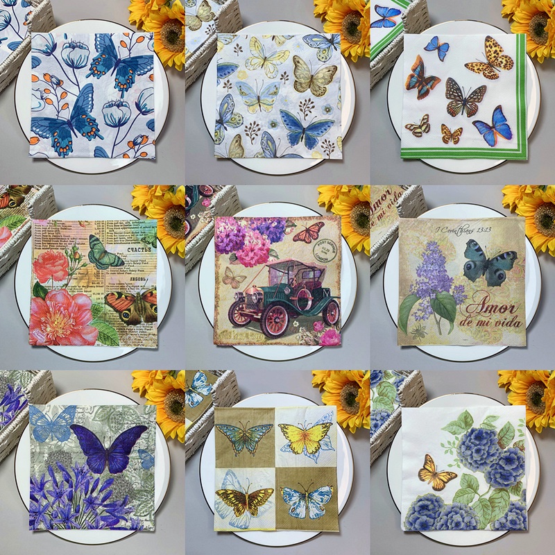 50 รูปแบบ20 ชิ้นผสมผีเสื้อดอกไม้ Decoupage กระดาษผ้าเช็ดปาก Vintage กระดาษกระดาษทิชชูสําหรับ Party Tableware งานแต่งงาน Xmas เทศกาลอุปกรณ์