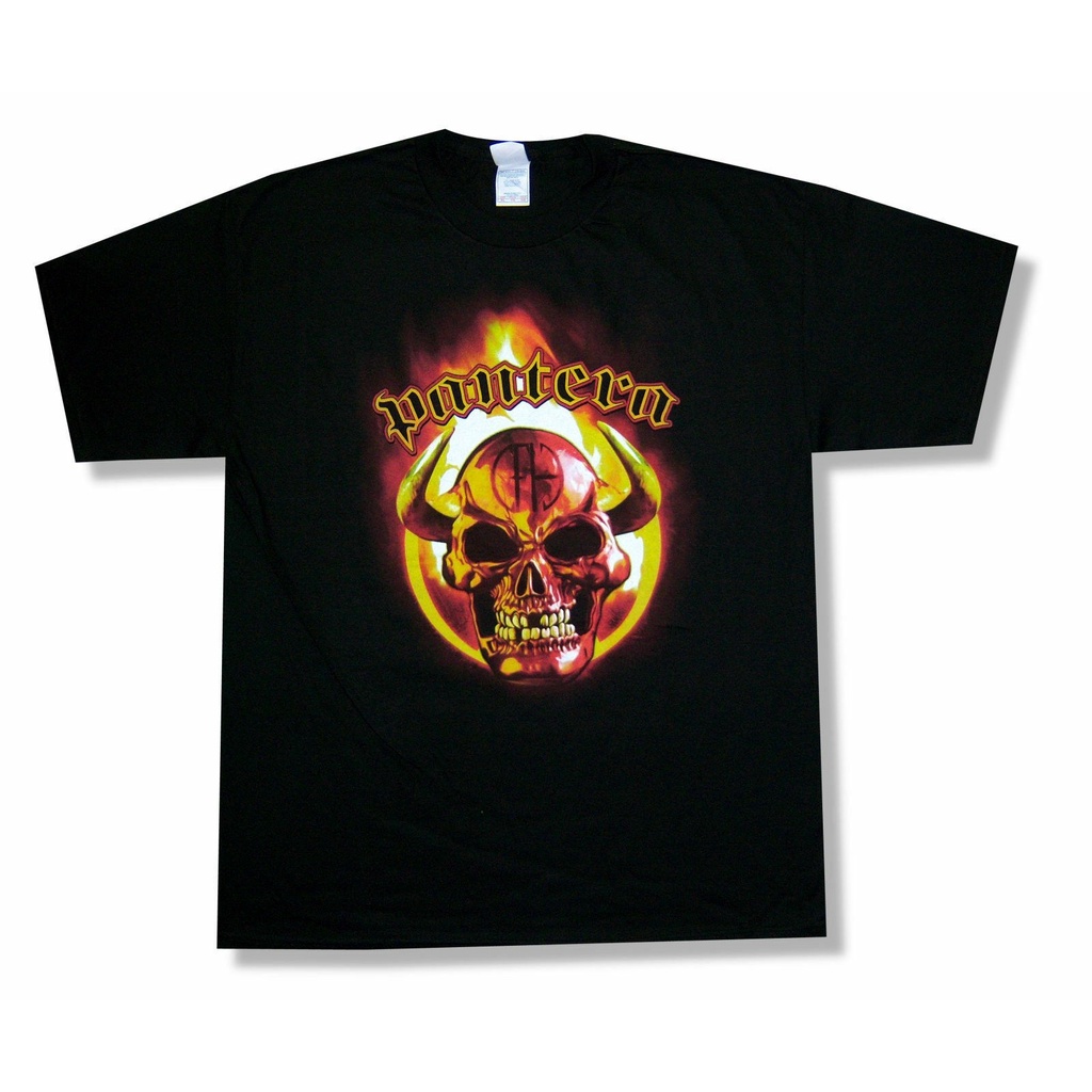 ผ้าฝ้ายแท้ คอลูกเรือเสื้อยืดลําลอง พิมพ์ลายโลโก้ Pantera Skull With Horns CFH สีดํา สําหรับผู้ชาย 86