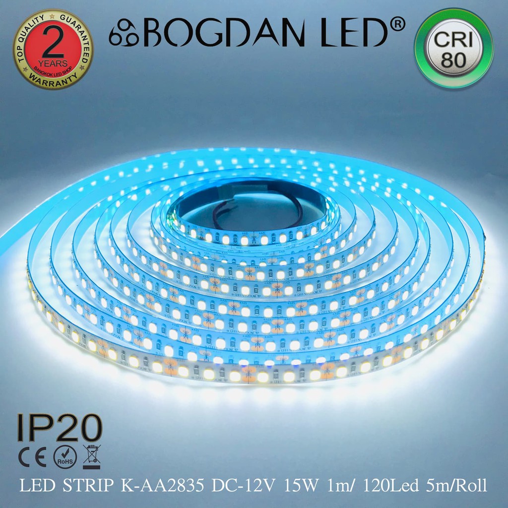 LED STRIP K-AA2835-120-6500K DC-12V  15W/1M IP20 ยี่ห้อBOGDAN LED แอลอีดีไฟเส้นสำหรับตกแต่ง 600LED/5
