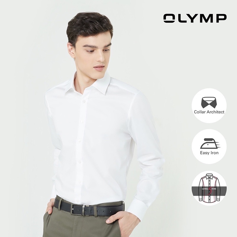 OLYMP เสื้อเชิ้ตผู้ชาย แขนยาว ทรงพอดีตัว รีดง่าย ผ้าเรียบสีขาว [LEVEL FIVE]