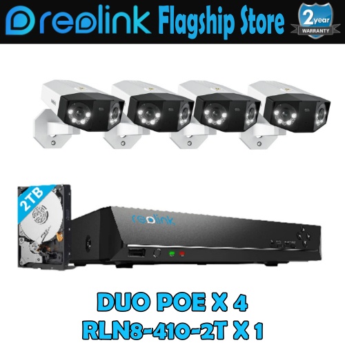 Reolink DUO POE 4K 8MP PoE ระบบกล้องรักษาความปลอดภัย IP กล้องกลางแจ้งพร้อม NVR 8 ช่อง RLN8410-2T เคร